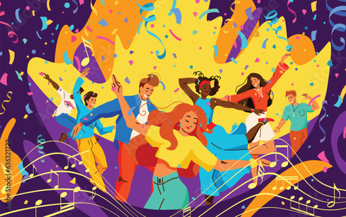 Party vector background. Young men and women dancing, they are happy