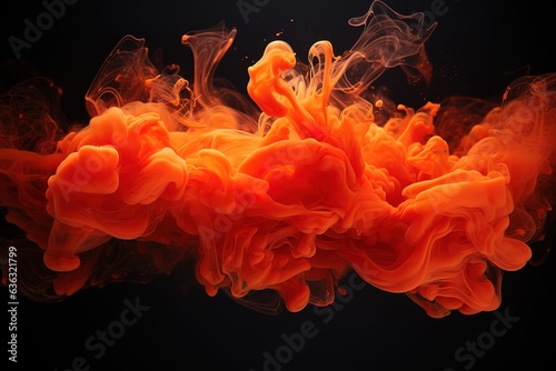 Abstract explosion of red dust on black background. Abstract red powder splatter on dark background. Freeze motion of red powder splash.