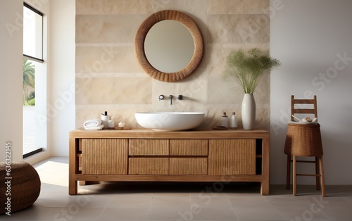 Contemporary Bathroom Interior Design featuring a Wooden Vanit. Generative AI