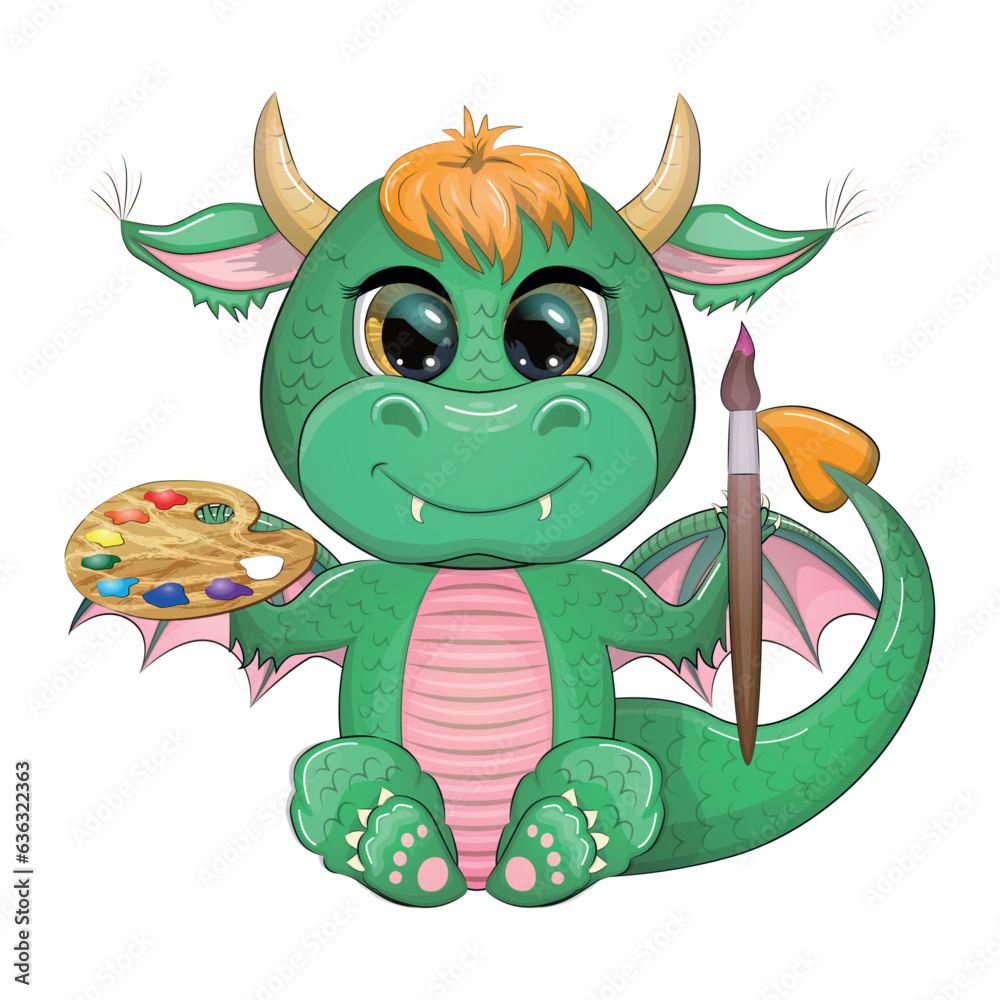 Obraz premium Cute cartoon green dragon with brushes and paints, artist. Symbol of 2024 according to the Chinese calendar.