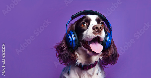 Valokuva Happy dog in headphones on a purple background.