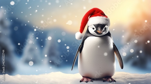 Cute penguin in a santa hat on a winter background. Banner, copy space