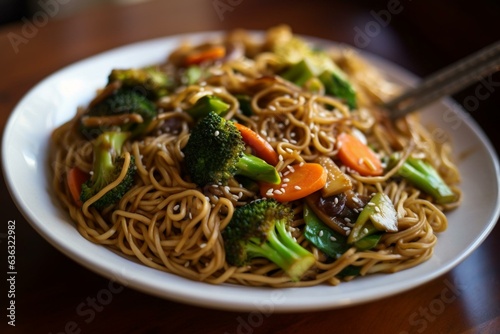 Vegan-style yakisoba noodles with stir-fried veggies. Generative AI