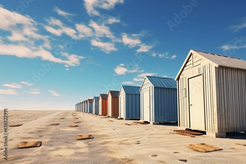 Sheds on road with blue sky. 3D illustration. Generative AI