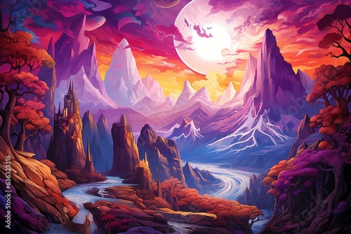 A vivid purple mountain landscape reaching towards the radiant sun, featuring picturesque elements in the foreground and background. Generative AI