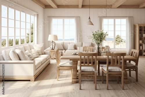 White and beige toned wooden farmhouse living and dining room with fabric sofa, table, chairs, and decor. The interior design is contemporary. Generative AI © Evadne