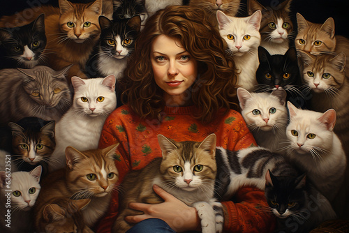 a girl and a lot of cats around, crazy cat lady