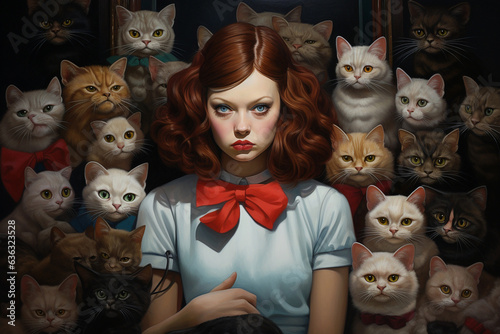 a girl and a lot of cats around, crazy cat lady
