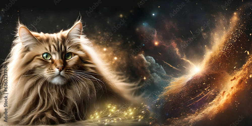 beautiful mystical magic cat with cosmic dust, universe and stars like divine magical spiritual cosmic animals concept 