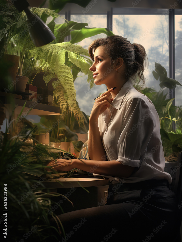 Refreshing Greenery: The portrait shows the office worker leaning against a plant-filled office corner, enjoying a mini indoor garden. Refreshing Greenery: The portrait shows the office worker leaning against a plant-filled office corner, enjoying a mini indoor garden.