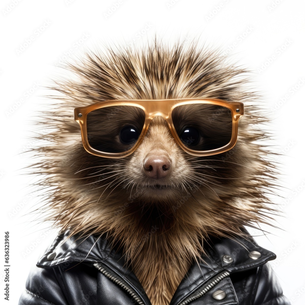 close-up of Porcupine with sunglasses on white background