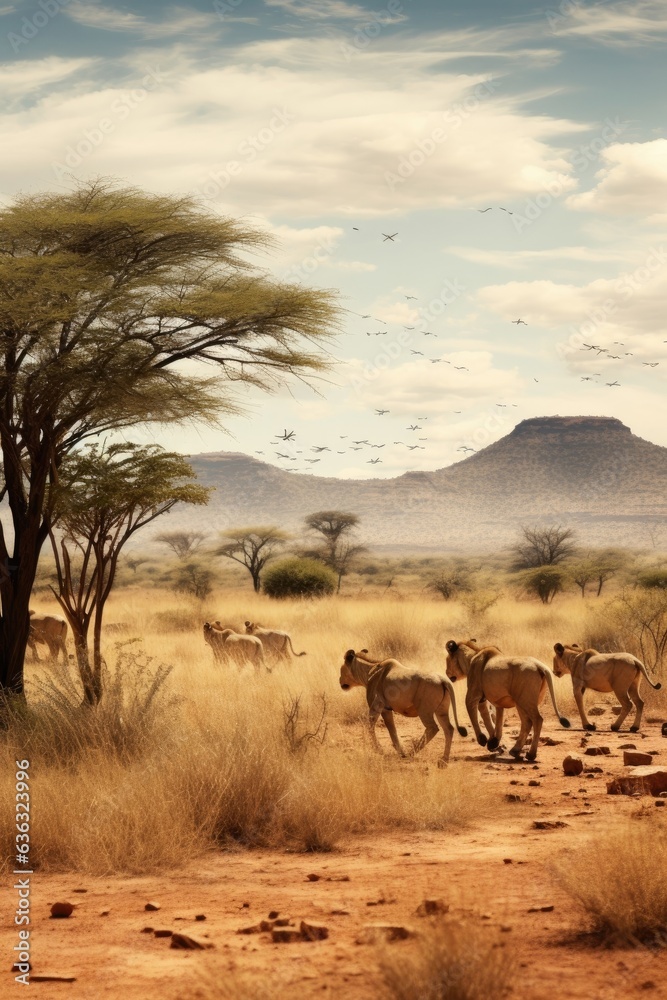 Lions hunting in the scorching African savannah. Lions hunting in the scorching African savannah.