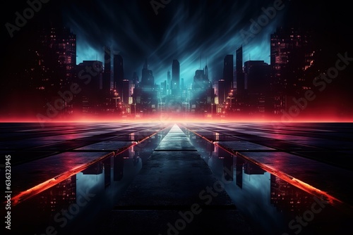 Empty show scene background. Reflection of a dark street on wet asphalt. Rays of red and blue neon light in the dark, neon shapes, smoke. Abstract dark background.