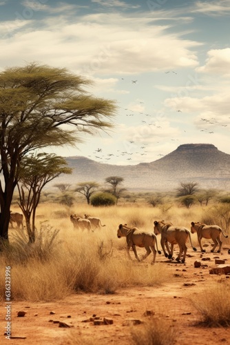 Lions hunting in the scorching African savannah.