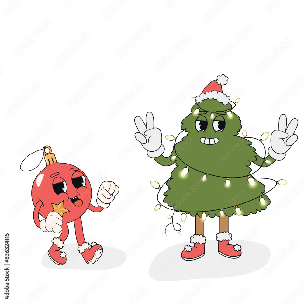 Fototapeta premium Retro groovy Christmas ball and tree. Groovy hippie Merry Christmas and Happy New Year. Trendy groovy cartoon illustration style white background. Greeting cards, posters, party invitations.