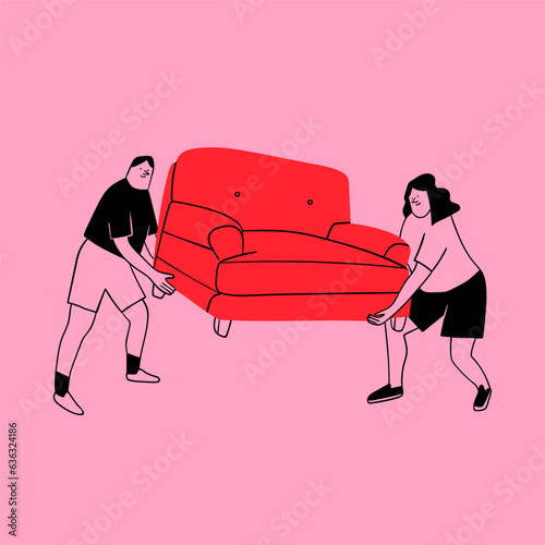 People with furniture. Movers carrying sofa or couch. Cute characters. Cartoon style. Hand drawn Vector isolated illustration. Relocation, moving, permutation concept. Poster, print, logo template