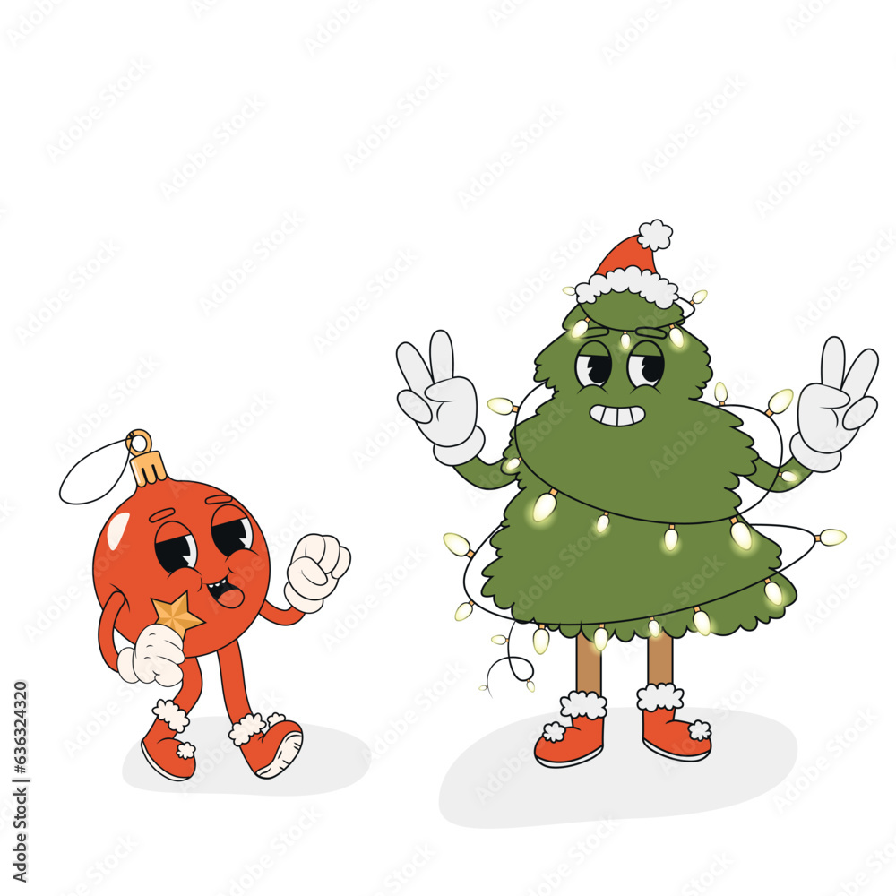 Fototapeta premium Retro groovy Christmas ball and tree. Groovy hippie Merry Christmas and Happy New Year. Trendy groovy cartoon illustration style white background. Greeting cards, posters, party invitations.