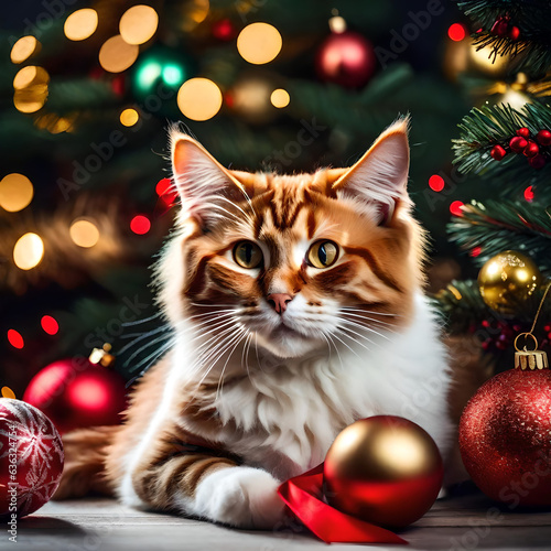 christmas joyful illustration with beautiful cute cat christmass tree, gifts, xmas decorations like festive jolly animal concept 