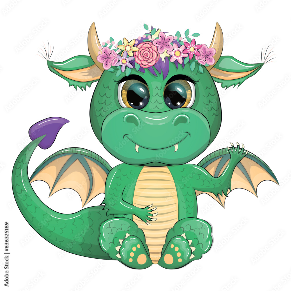 Cute cartoon green baby dragon with horns and wings. Symbol of 2024 according to the Chinese calendar Cute cartoon green baby dragon with horns and wings. Symbol of 2024 according to the Chinese calendar