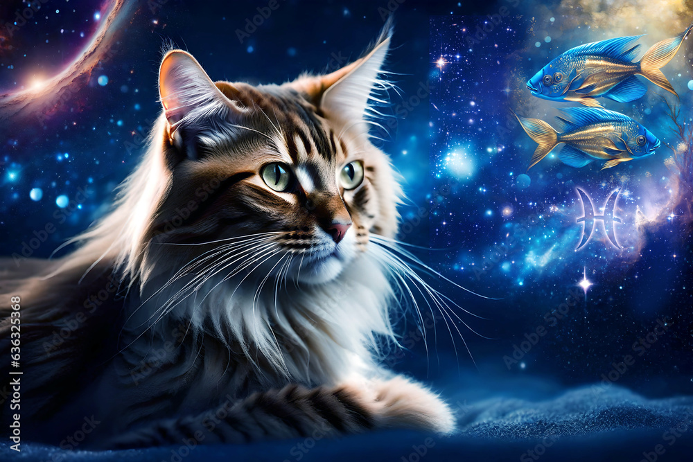 beautiful mystical guardian cat of zodiac sign Pisces over blue universe with stars like astrology cosmic, spiritual and zodiacal concept 