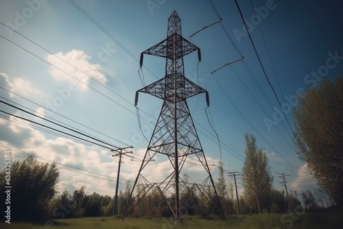 A tall tower for supporting electricity transmission lines. Generative AI