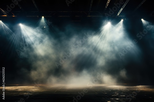 spotlights shine on stage floor in dark room, idea for background backdrop, abandon room or warehouse,