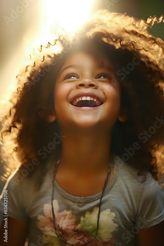 curly little african american girl in sunshine, touching god with light to cute child © Yuliia