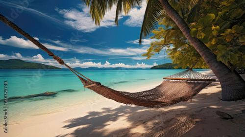 hammock on the beach of a tropical carribean island - palm trees , blue sky and turquoise water