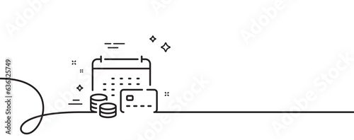 Money calendar line icon. Continuous one line with curl. Credit card sign. Annual report symbol. Money calendar single outline ribbon. Loop curve pattern. Vector