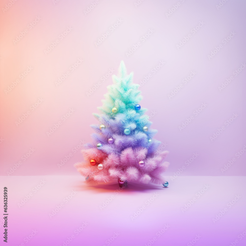 A beautiful little Christmas tree in bright pastel shades of the rainbow. Soft colors. Concept of Christmas and New Year holidays. A beautiful little Christmas tree in bright pastel shades of the rainbow. Soft colors. Concept of Christmas and New Year holidays.