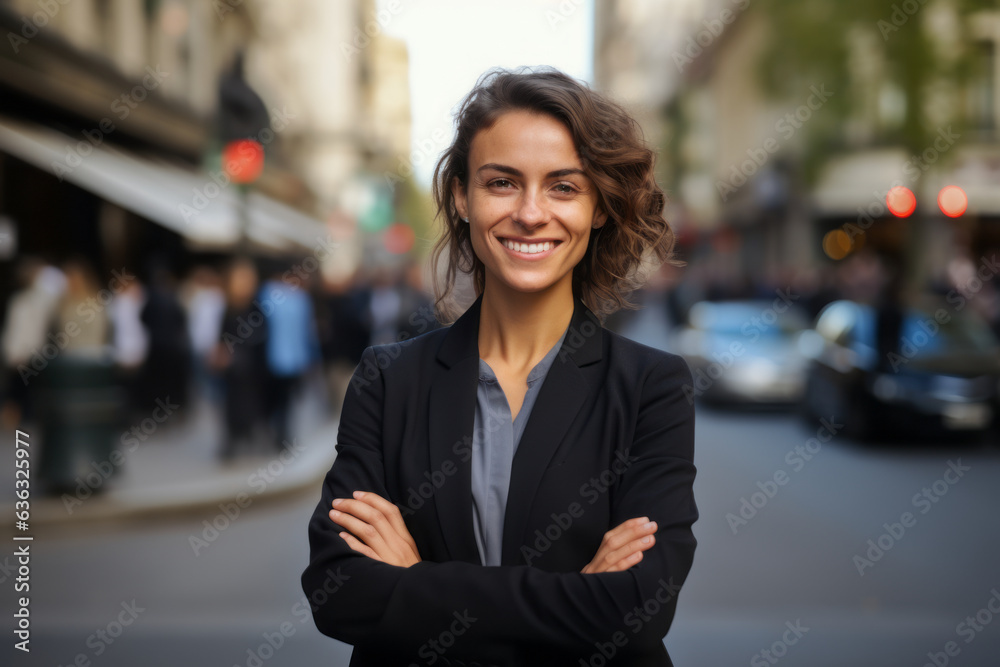 Happy young smiling confident. Professional business woman wearing blue shirt, pretty stylish female executive looking at camera, standing arms crossed isolated at gray background, Generative AI. - obrazy, fototapety, plakaty 