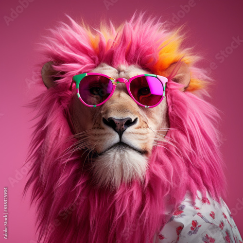 Male lion in pink colors and sunglasses. Concept of trendy anthropomorphism. Generative AI. © lagano