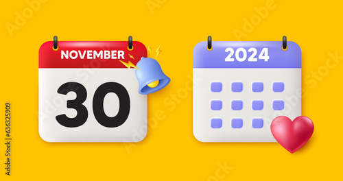 Calendar date 3d icon. 30th day of the month icon. Event schedule date. Meeting appointment time. 30th day of November month. Calendar event reminder date. Vector