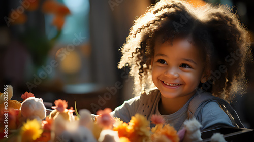 dark-skinned curly-haired girl 4 years old among soft toys in the sun