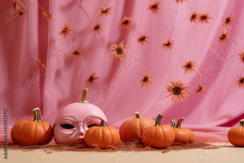 Pink happy halloween composition inspired by y2k style. Puffy pink pumpkins and surreal decorations. Generative AI. photo