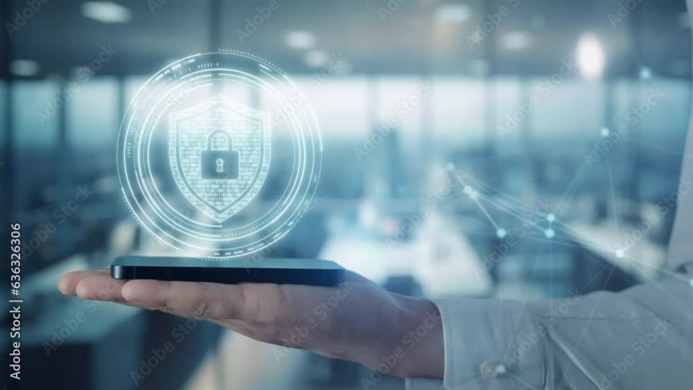 Businessman working with smartphone. Security hologram virtual hud pin with shield and lock. Concept of finance data privacy and VPN service protection. Blockchain and secure crypto wallet background