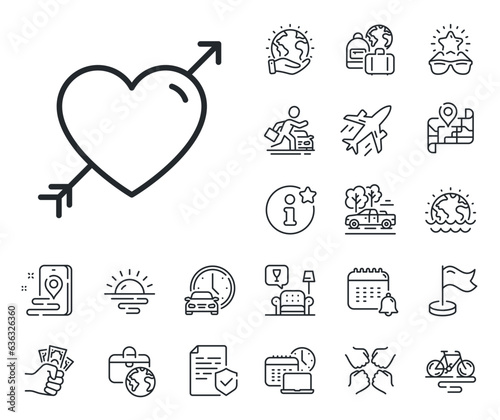 Valentine heart sign. Plane jet, travel map and baggage claim outline icons. Love line icon. Couple relationships symbol. Love line sign. Car rental, taxi transport icon. Place location. Vector