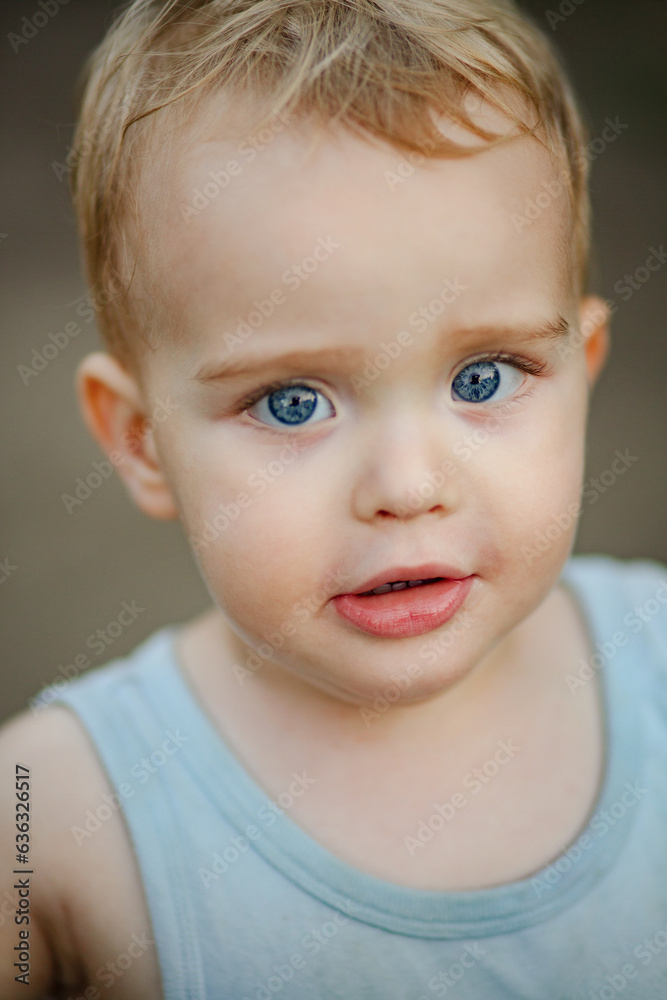 close-up portrait of small boy with blond hair and big blue eyes in the yard, innocent baby face close-up portrait of small boy with blond hair and big blue eyes in the yard, innocent baby face