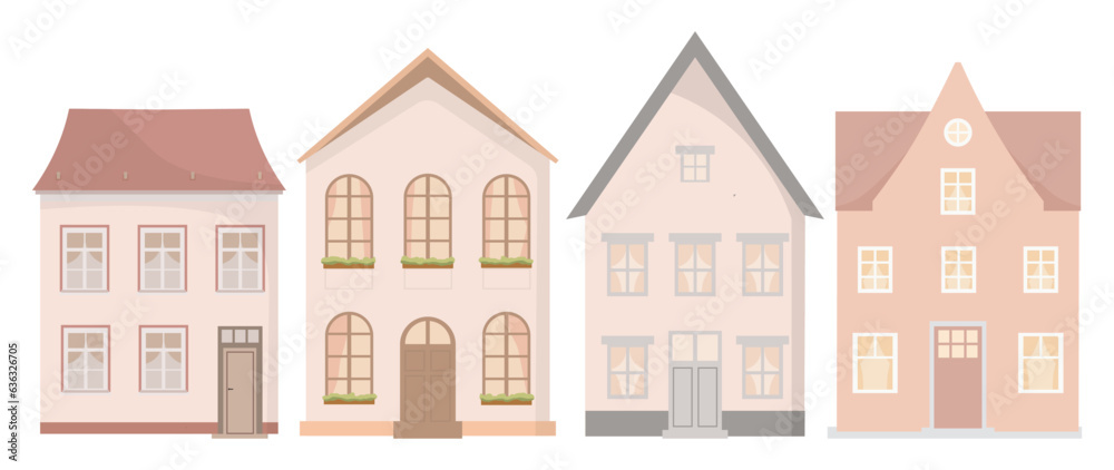 Set of cute houses, city buildings in scandinavian style. Exterior of cozy houses with windows and doors, European architecture. Flat vector illustration isolated on white background