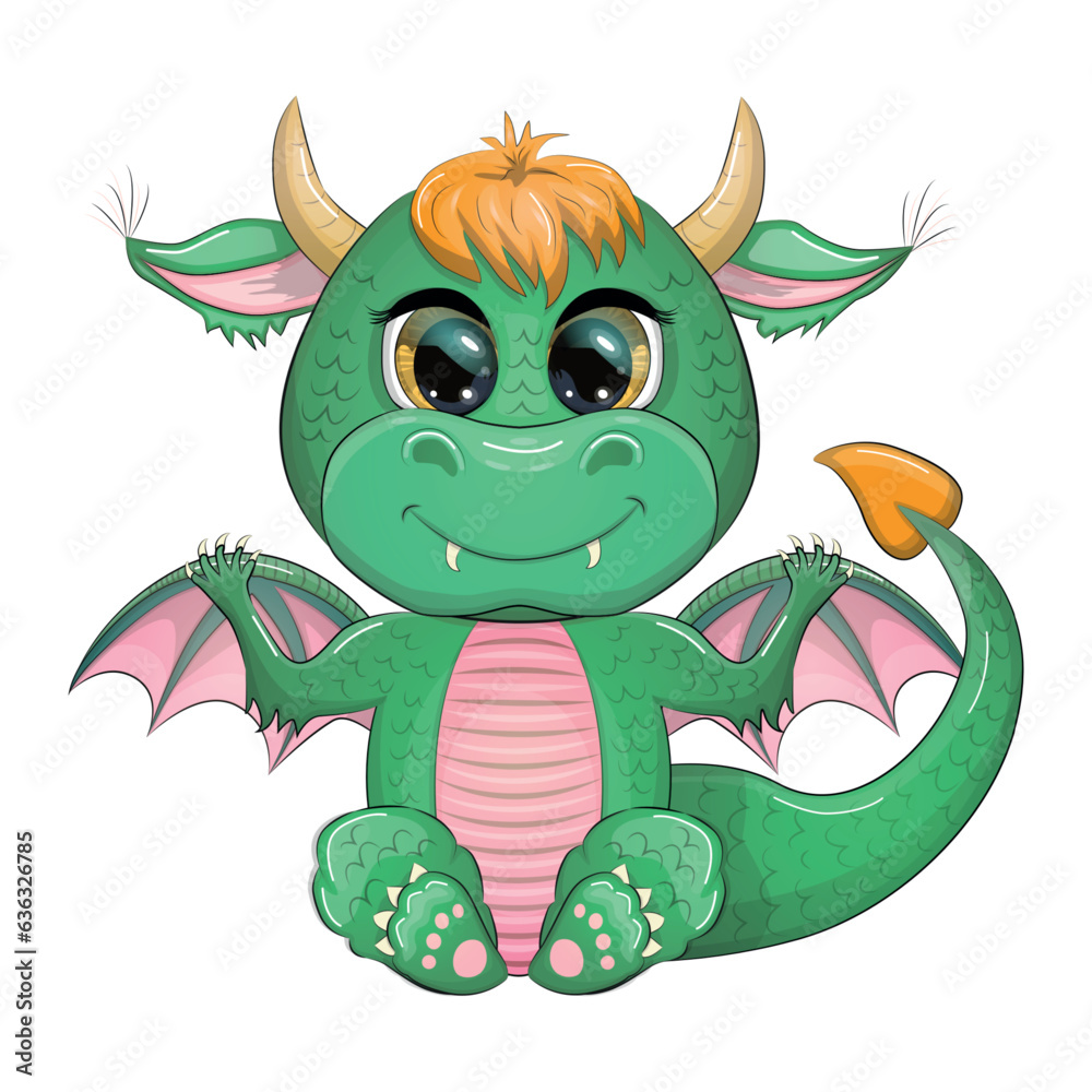 Naklejka premium Cute cartoon green baby dragon with horns and wings. Symbol of 2024 according to the Chinese calendar