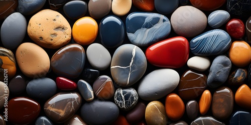 a pebble beach, kaleidoscope image, red sand and colorful pebbles, various rock nature. intricate details 2