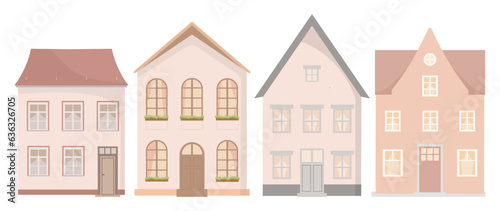 Set of cute houses, city buildings in scandinavian style. Exterior of cozy houses with windows and doors, European architecture. Flat vector illustration isolated on white background