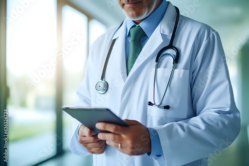 a doctor looks at a tablet in a hospital, a doctor in a white coat in the ward looks thoughtfully at a tablet before an appointment and a diagnosis