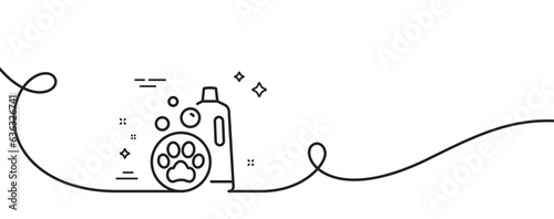 Pet shampoo line icon. Continuous one line with curl. Pets care sign. Dog cleaning symbol. Pet shampoo single outline ribbon. Loop curve pattern. Vector