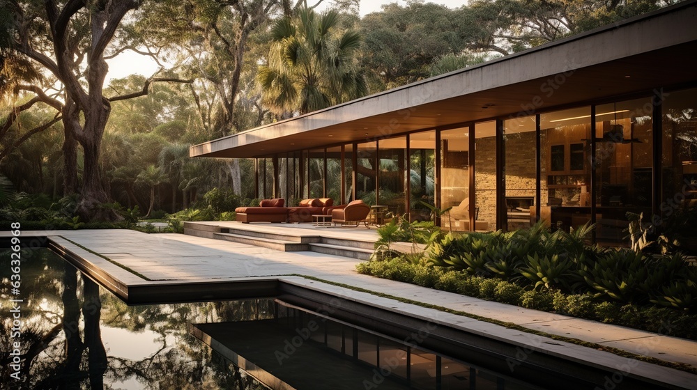 Generative AI, View of swimming pool in front of a modern luxury house illuminated in the evening Generative AI, View of swimming pool in front of a modern luxury house illuminated in the evening