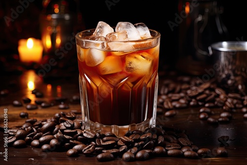 Black Cocktail with Vodka and Coffee Liquor. Homemade Alcoholic Boozy Black drink with coffee beans on wooden background with copy space
