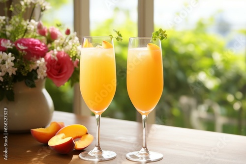 Enjoy a delightful weekend with refreshing peach mimosas and bellini cocktails during brunch. Generative AI