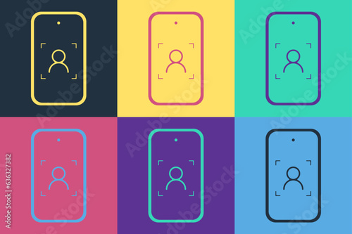 Pop art Mobile phone and face recognition icon isolated on color background. Face identification scanner icon. Facial id. Cyber security. Vector