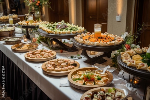 Exquisite wedding buffet featuring mini gourmet sliders, elegantly set table, and delectable restaurant-style cuisine. Ideal for lavish catered banquets. Generative AI