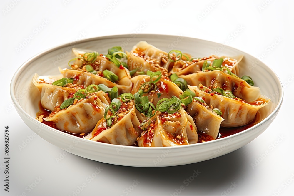 Sichuan Dumplings in Red Chili Oil Garnished with Chili Flakes and Garlic Chives on White Background with Chopsticks